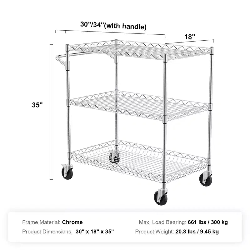VEVOR Kitchen Utility Cart, 3 Tiers, Wire Rolling Cart with 661LBS Capacity, Metal Storage Trolley with 80mm Deep Basket Curved Handle 6 Hooks
