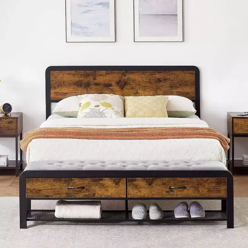 Queen Bed Frame with Ottoman Storage, Headboard, Sturdy Metal Support, Safe Rounded Corners, No Box Spring Needed, Stylish