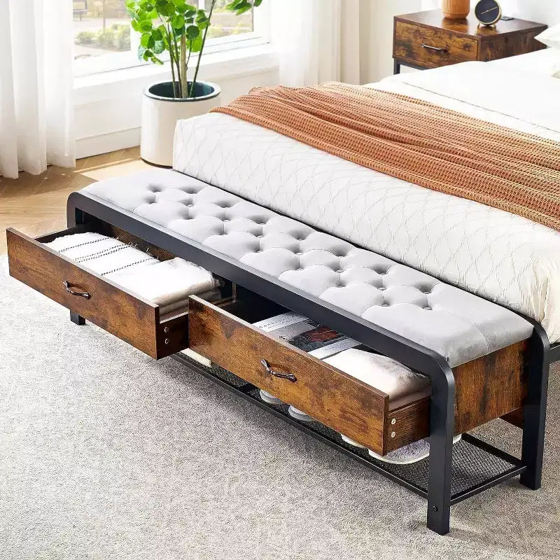 Queen Bed Frame with Ottoman Storage, Headboard, Sturdy Metal Support, Safe Rounded Corners, No Box Spring Needed, Stylish
