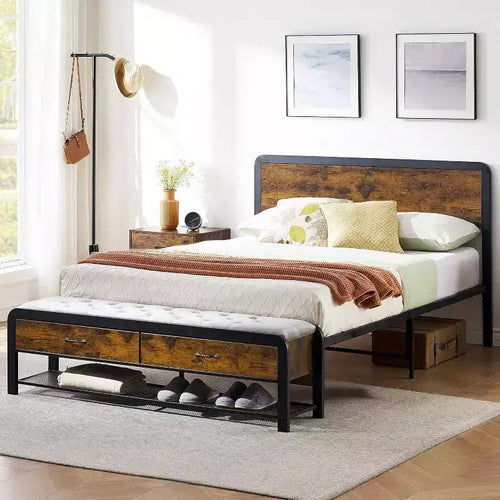 Queen Bed Frame with Ottoman Storage, Headboard, Sturdy Metal Support, Safe Rounded Corners, No Box Spring Needed, Stylish