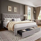 Full-Size Bed Frame, Vintage Velvet Upholstered Bedframe, 2 Storage Drawers, Wood slats, No Box Spring, Noise-Free, Black