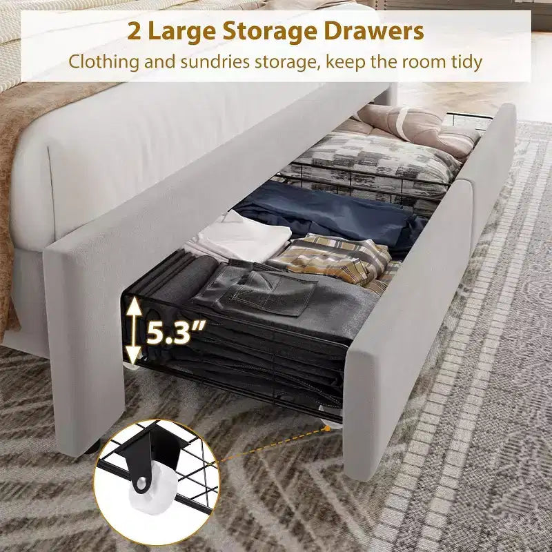 Full-Size Bed Frame, Vintage Velvet Upholstered Bedframe, 2 Storage Drawers, Wood slats, No Box Spring, Noise-Free, Black