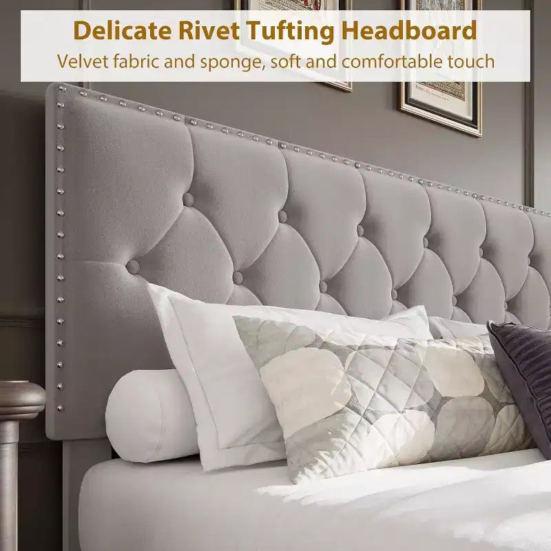 Full-Size Bed Frame, Vintage Velvet Upholstered Bedframe, 2 Storage Drawers, Wood slats, No Box Spring, Noise-Free, Black