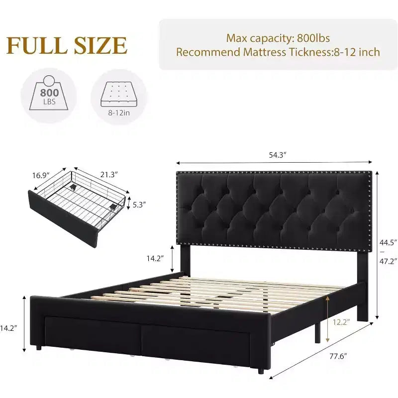 Full-Size Bed Frame, Vintage Velvet Upholstered Bedframe, 2 Storage Drawers, Wood slats, No Box Spring, Noise-Free, Black