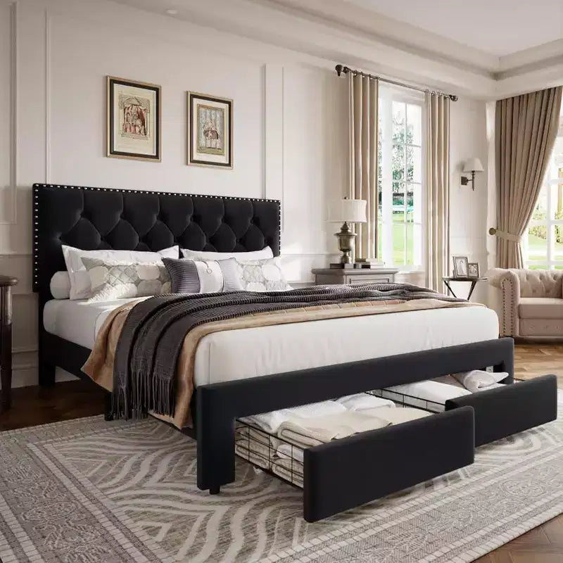Full-Size Bed Frame, Vintage Velvet Upholstered Bedframe, 2 Storage Drawers, Wood slats, No Box Spring, Noise-Free, Black