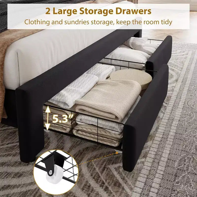 Full-Size Bed Frame, Vintage Velvet Upholstered Bedframe, 2 Storage Drawers, Wood slats, No Box Spring, Noise-Free, Black