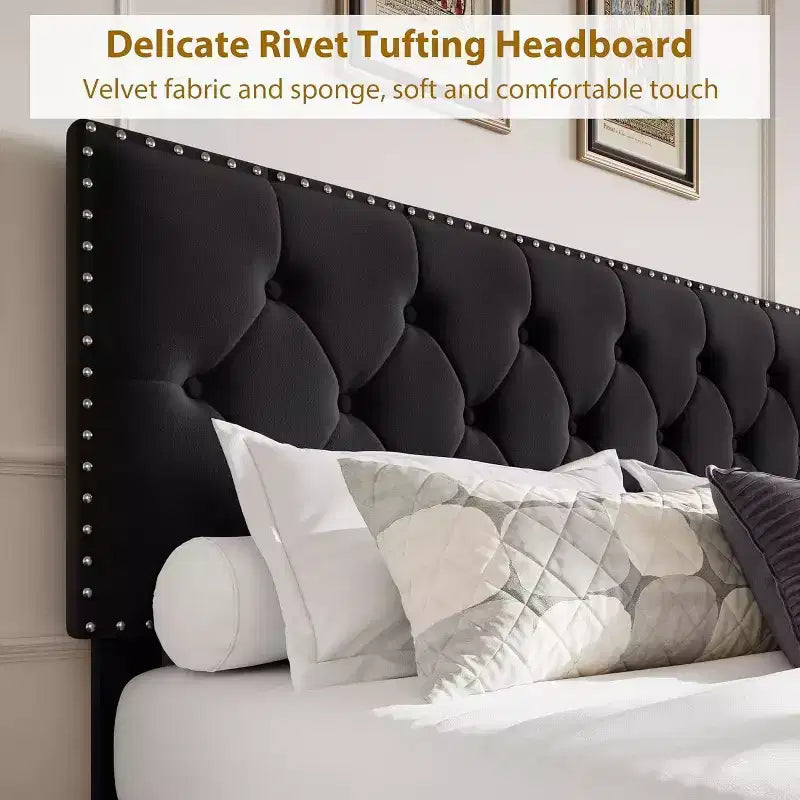 Full-Size Bed Frame, Vintage Velvet Upholstered Bedframe, 2 Storage Drawers, Wood slats, No Box Spring, Noise-Free, Black