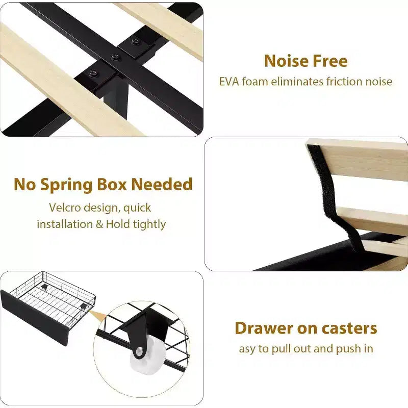 Full-Size Bed Frame, Vintage Velvet Upholstered Bedframe, 2 Storage Drawers, Wood slats, No Box Spring, Noise-Free, Black