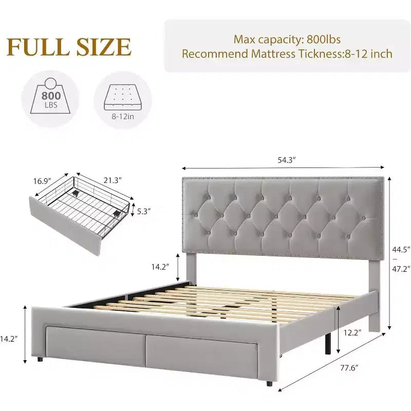 Full-Size Bed Frame, Vintage Velvet Upholstered Bedframe, 2 Storage Drawers, Wood slats, No Box Spring, Noise-Free, Black