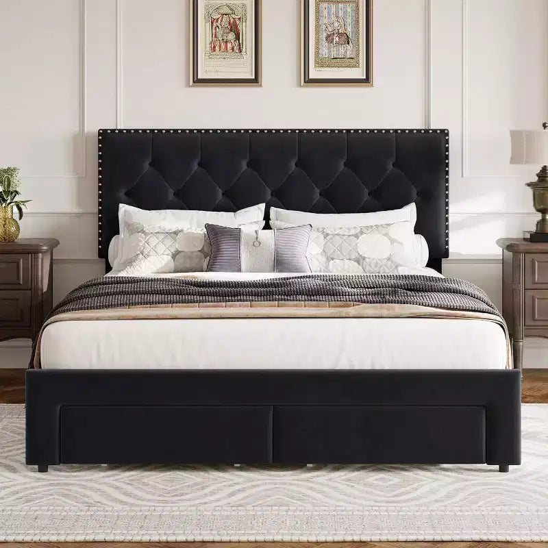 Full-Size Bed Frame, Vintage Velvet Upholstered Bedframe, 2 Storage Drawers, Wood slats, No Box Spring, Noise-Free, Black
