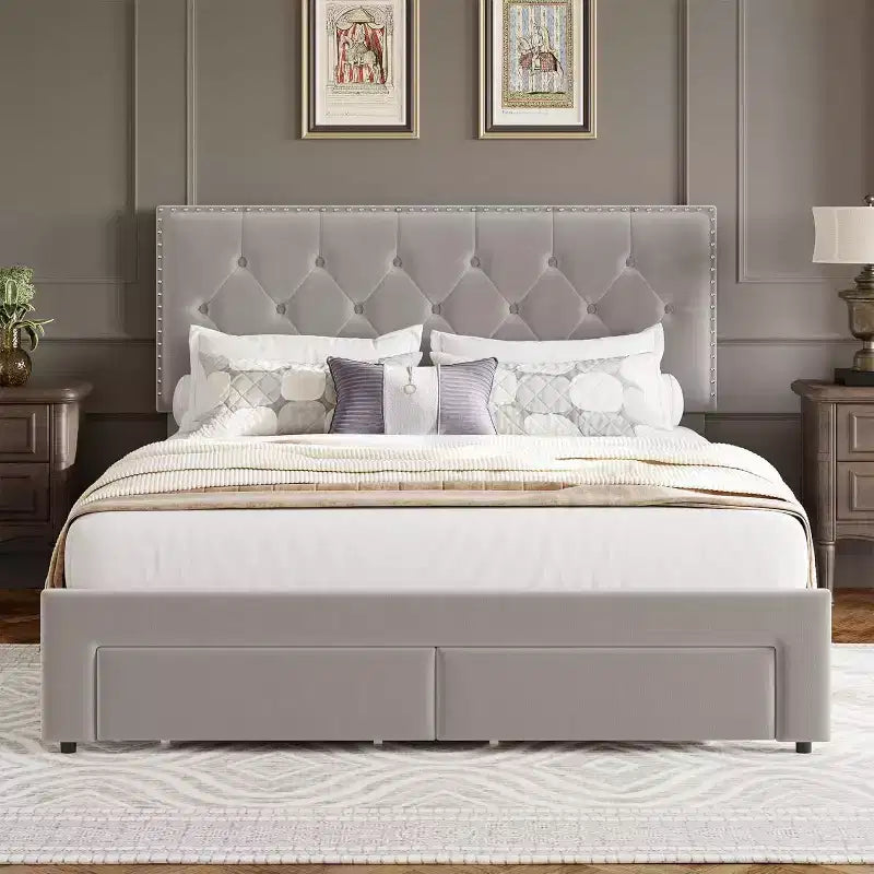 Full-Size Bed Frame, Vintage Velvet Upholstered Bedframe, 2 Storage Drawers, Wood slats, No Box Spring, Noise-Free, Black