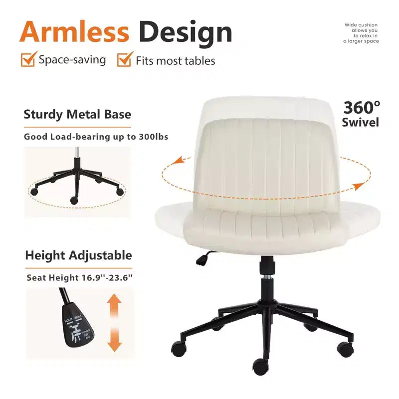 Versatile Adjustable Swivel Fabric Office Chair with wide padded seat, armless cross-legged design