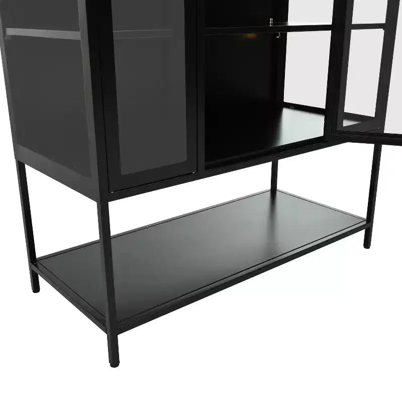 LED Display Cabinet with Glass Doors, Steel Curio Cabinet Storage Cabinet with Adjustable Shelves Accent Cabinet Pantry Organizer, Black-ModernLuxe