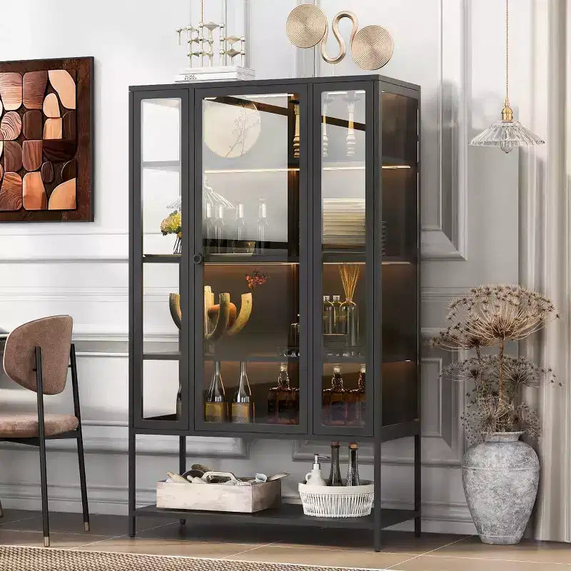 LED Display Cabinet with Glass Doors, Steel Curio Cabinet Storage Cabinet with Adjustable Shelves Accent Cabinet Pantry Organizer, Black-ModernLuxe