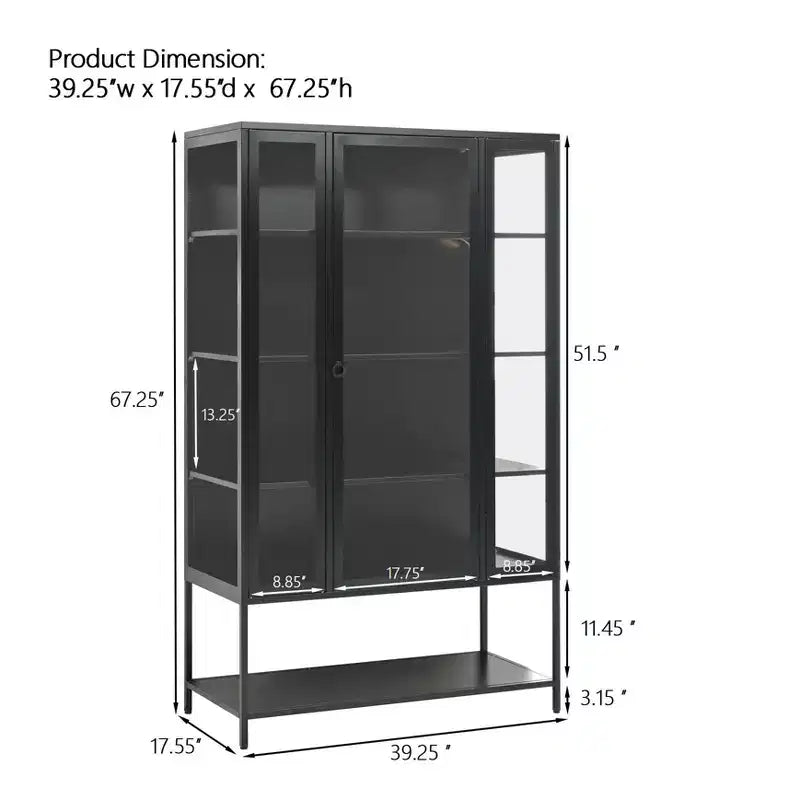 LED Display Cabinet with Glass Doors, Steel Curio Cabinet Storage Cabinet with Adjustable Shelves Accent Cabinet Pantry Organizer, Black-ModernLuxe