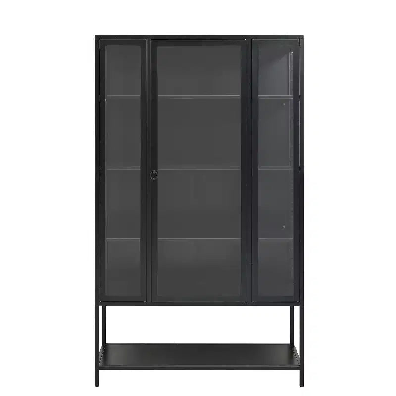LED Display Cabinet with Glass Doors, Steel Curio Cabinet Storage Cabinet with Adjustable Shelves Accent Cabinet Pantry Organizer, Black-ModernLuxe