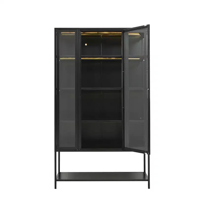 LED Display Cabinet with Glass Doors, Steel Curio Cabinet Storage Cabinet with Adjustable Shelves Accent Cabinet Pantry Organizer, Black-ModernLuxe