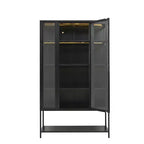 LED Display Cabinet with Glass Doors, Steel Curio Cabinet Storage Cabinet with Adjustable Shelves Accent Cabinet Pantry Organizer, Black-ModernLuxe