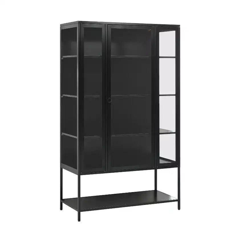 LED Display Cabinet with Glass Doors, Steel Curio Cabinet Storage Cabinet with Adjustable Shelves Accent Cabinet Pantry Organizer, Black-ModernLuxe