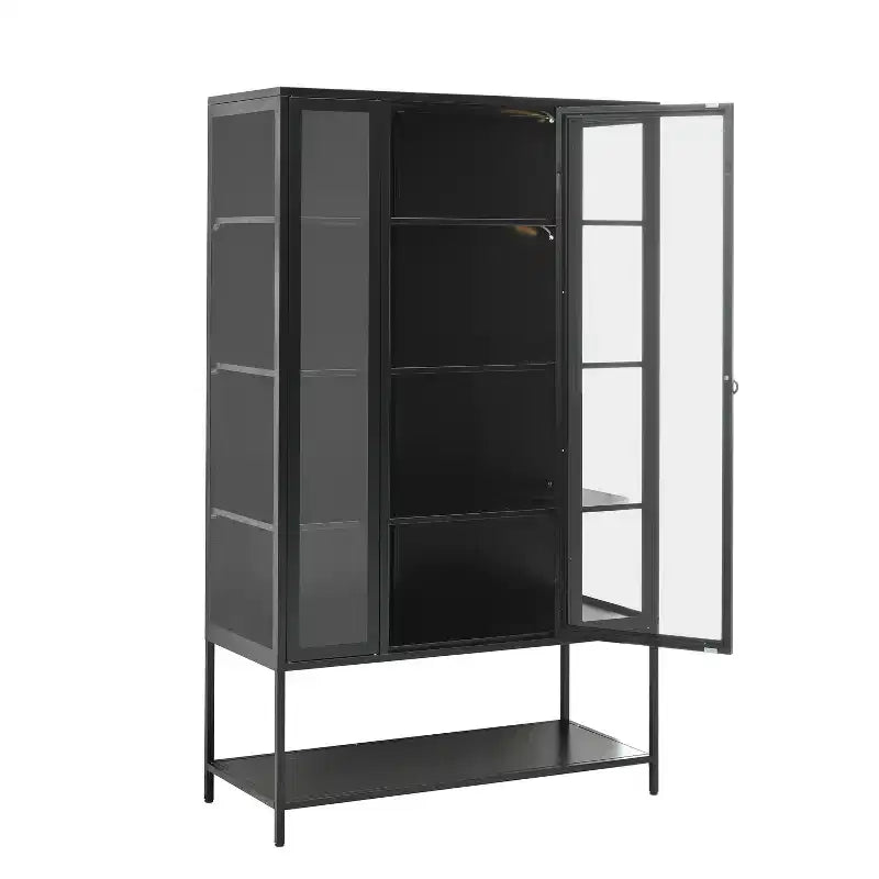 LED Display Cabinet with Glass Doors, Steel Curio Cabinet Storage Cabinet with Adjustable Shelves Accent Cabinet Pantry Organizer, Black-ModernLuxe