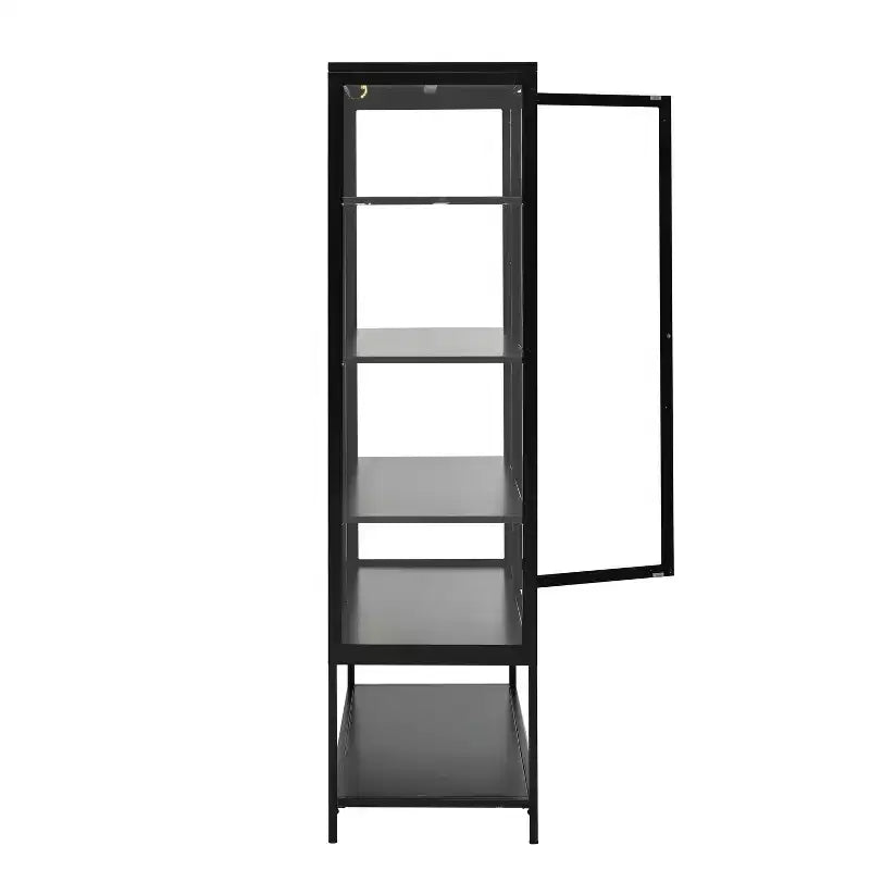 LED Display Cabinet with Glass Doors, Steel Curio Cabinet Storage Cabinet with Adjustable Shelves Accent Cabinet Pantry Organizer, Black-ModernLuxe