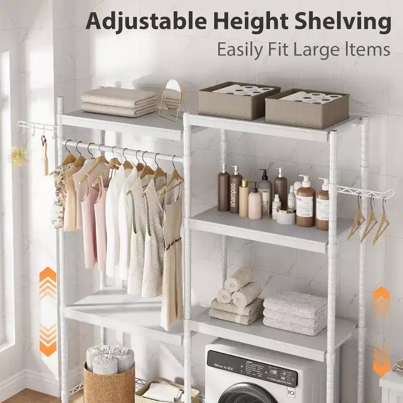 5 Tier Wooden Adjustable Height Bathroom, Laundry Room Shelves, Storage Racks Above Clothes Machines and Dryers, Laundry Room