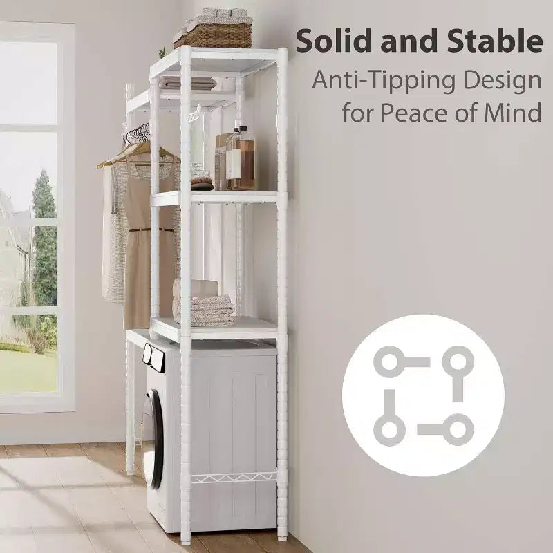 5 Tier Wooden Adjustable Height Bathroom, Laundry Room Shelves, Storage Racks Above Clothes Machines and Dryers, Laundry Room