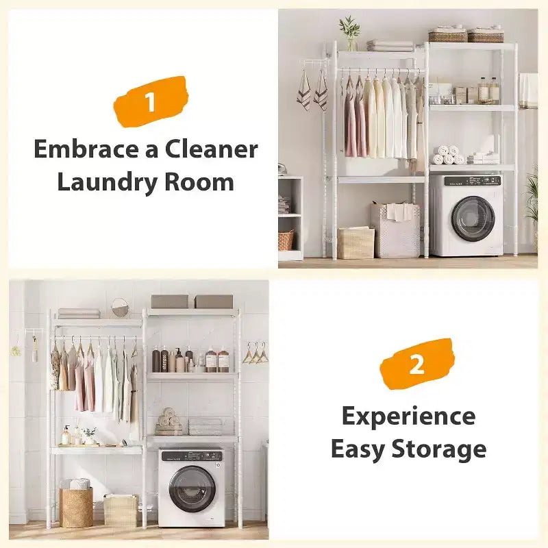 5 Tier Wooden Adjustable Height Bathroom, Laundry Room Shelves, Storage Racks Above Clothes Machines and Dryers, Laundry Room