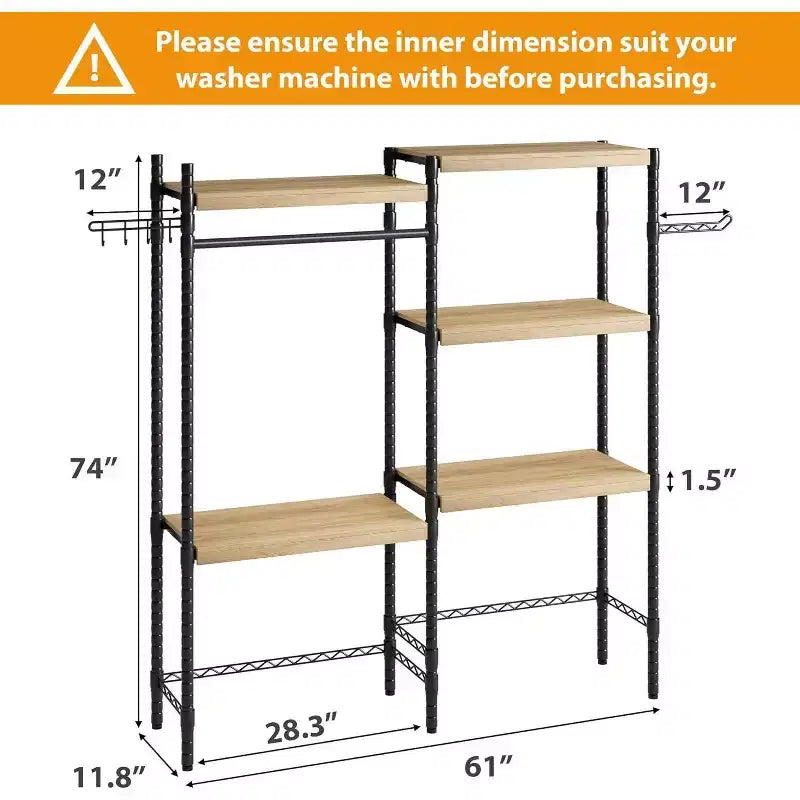 5 Tier Wooden Adjustable Height Bathroom, Laundry Room Shelves, Storage Racks Above Clothes Machines and Dryers, Laundry Room