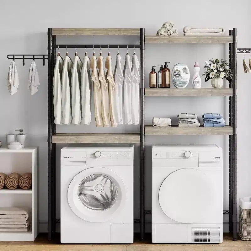 5 Tier Wooden Adjustable Height Bathroom, Laundry Room Shelves, Storage Racks Above Clothes Machines and Dryers, Laundry Room
