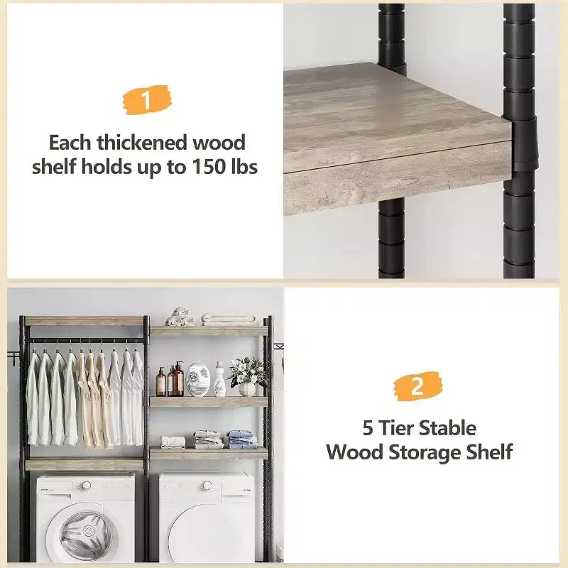 5 Tier Wooden Adjustable Height Bathroom, Laundry Room Shelves, Storage Racks Above Clothes Machines and Dryers, Laundry Room