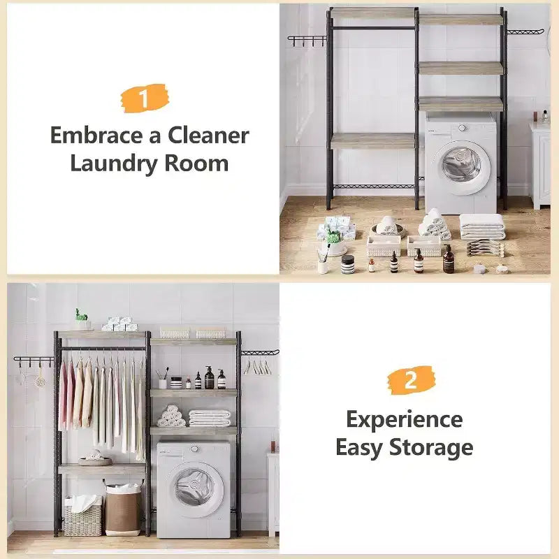 5 Tier Wooden Adjustable Height Bathroom, Laundry Room Shelves, Storage Racks Above Clothes Machines and Dryers, Laundry Room