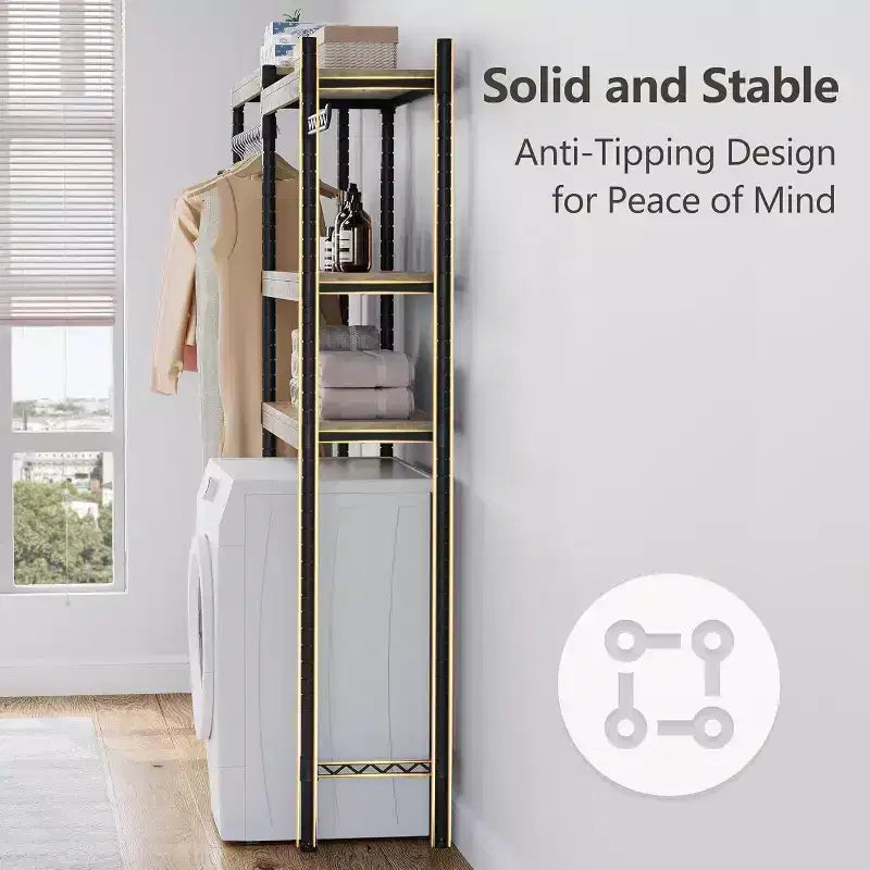5 Tier Wooden Adjustable Height Bathroom, Laundry Room Shelves, Storage Racks Above Clothes Machines and Dryers, Laundry Room