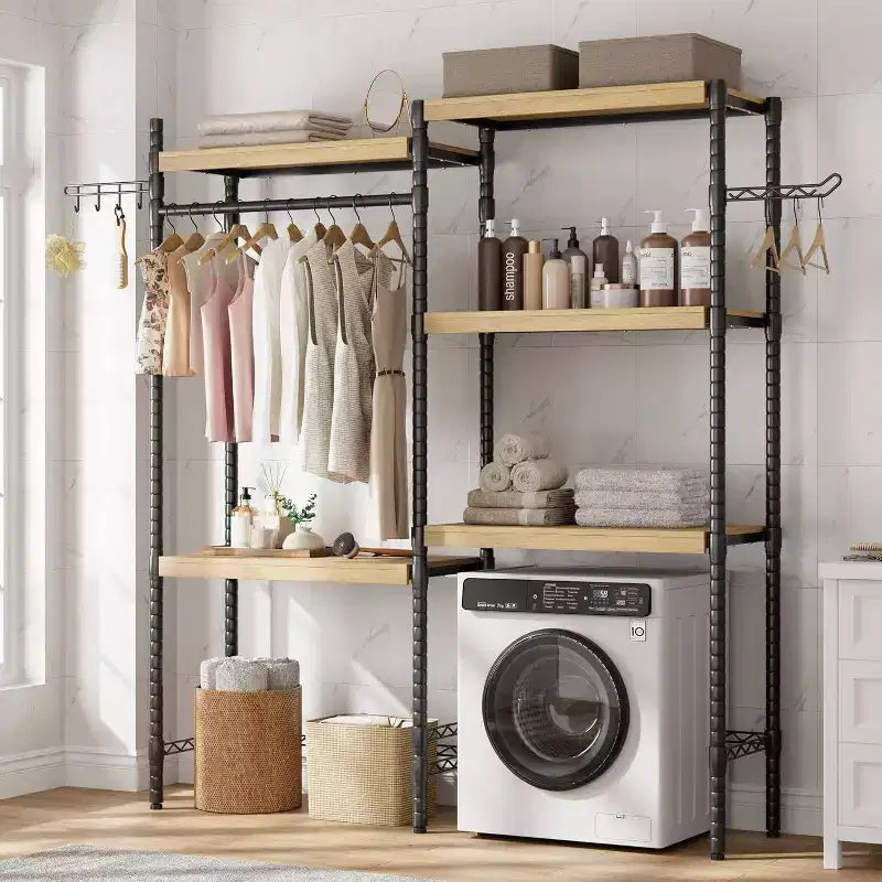 5 Tier Wooden Adjustable Height Bathroom, Laundry Room Shelves, Storage Racks Above Clothes Machines and Dryers, Laundry Room