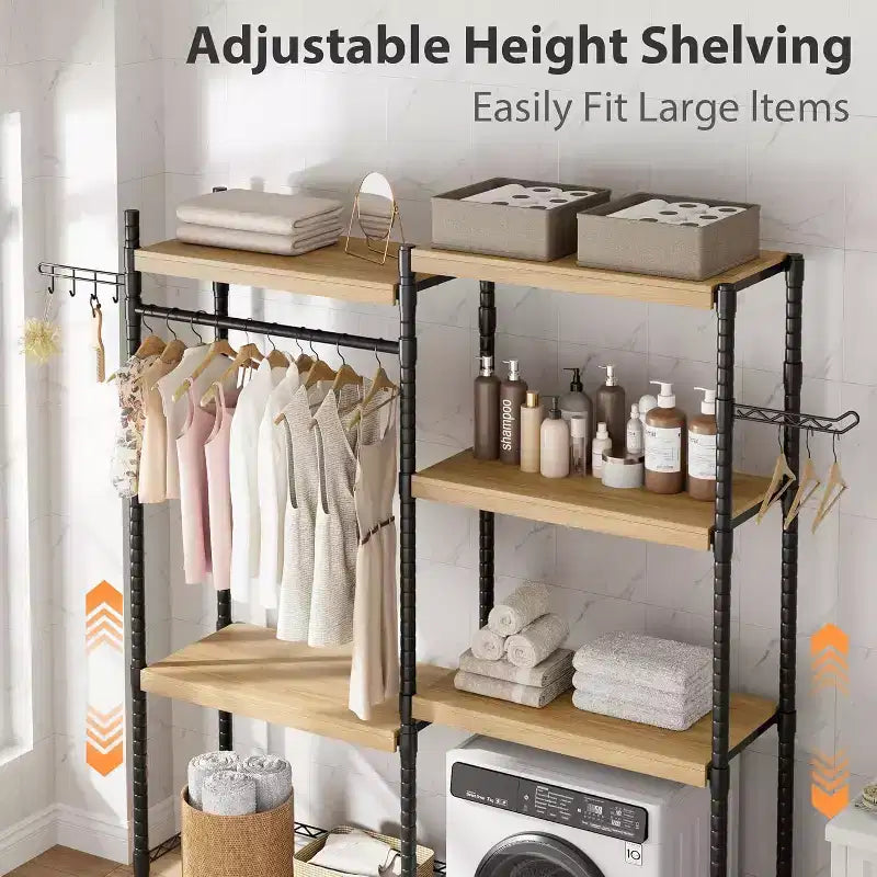 5 Tier Wooden Adjustable Height Bathroom, Laundry Room Shelves, Storage Racks Above Clothes Machines and Dryers, Laundry Room