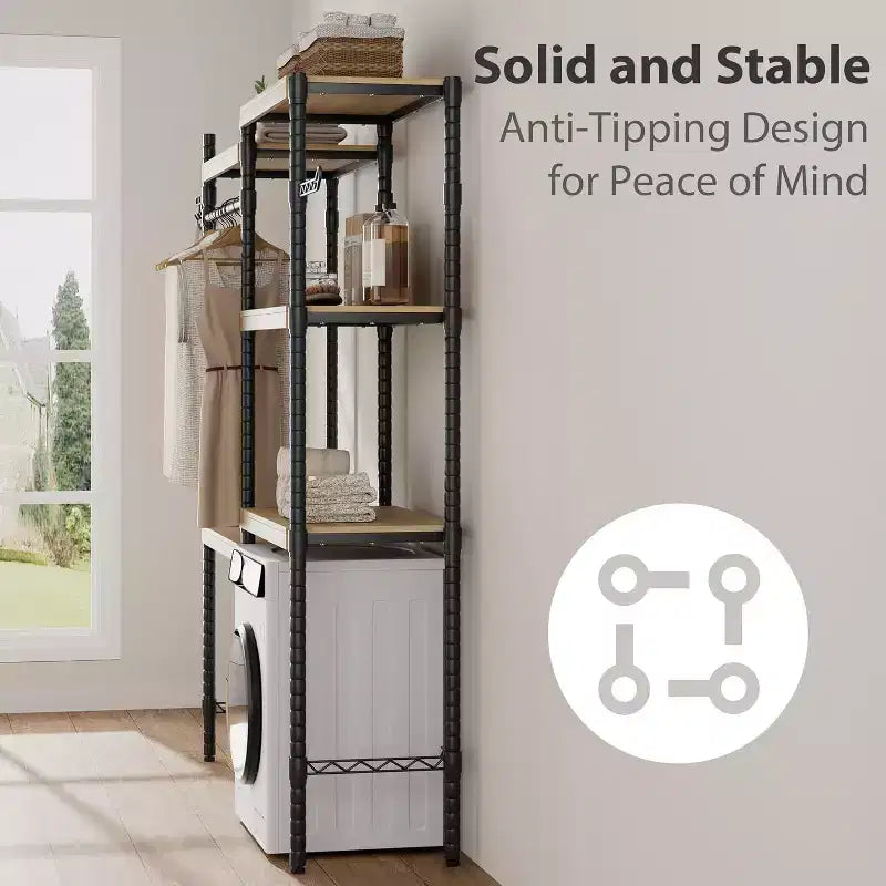 5 Tier Wooden Adjustable Height Bathroom, Laundry Room Shelves, Storage Racks Above Clothes Machines and Dryers, Laundry Room