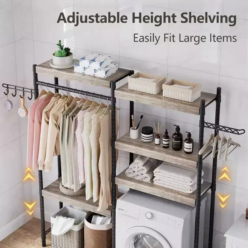 5 Tier Wooden Adjustable Height Bathroom, Laundry Room Shelves, Storage Racks Above Clothes Machines and Dryers, Laundry Room