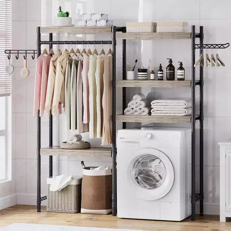 5 Tier Wooden Adjustable Height Bathroom, Laundry Room Shelves, Storage Racks Above Clothes Machines and Dryers, Laundry Room