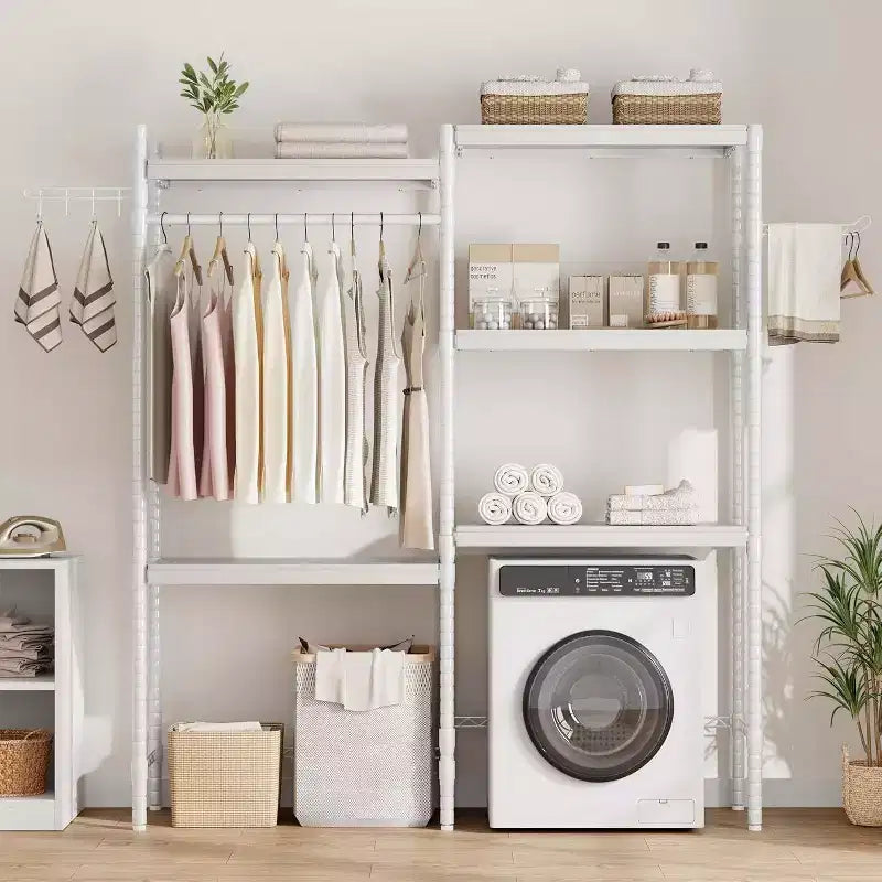 5 Tier Wooden Adjustable Height Bathroom, Laundry Room Shelves, Storage Racks Above Clothes Machines and Dryers, Laundry Room