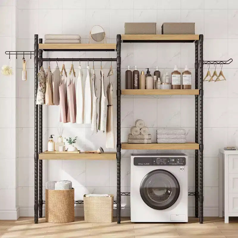 5 Tier Wooden Adjustable Height Bathroom, Laundry Room Shelves, Storage Racks Above Clothes Machines and Dryers, Laundry Room