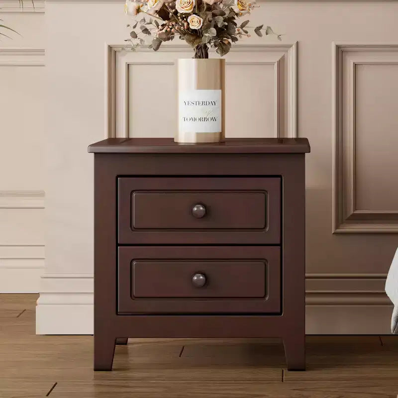 Nightstand with 2 Drawers End Table Side Table, Mid Century Retro Style, White/Walnut-HABITRIO