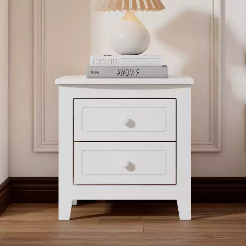 Nightstand with 2 Drawers End Table Side Table, Mid Century Retro Style, White/Walnut-HABITRIO