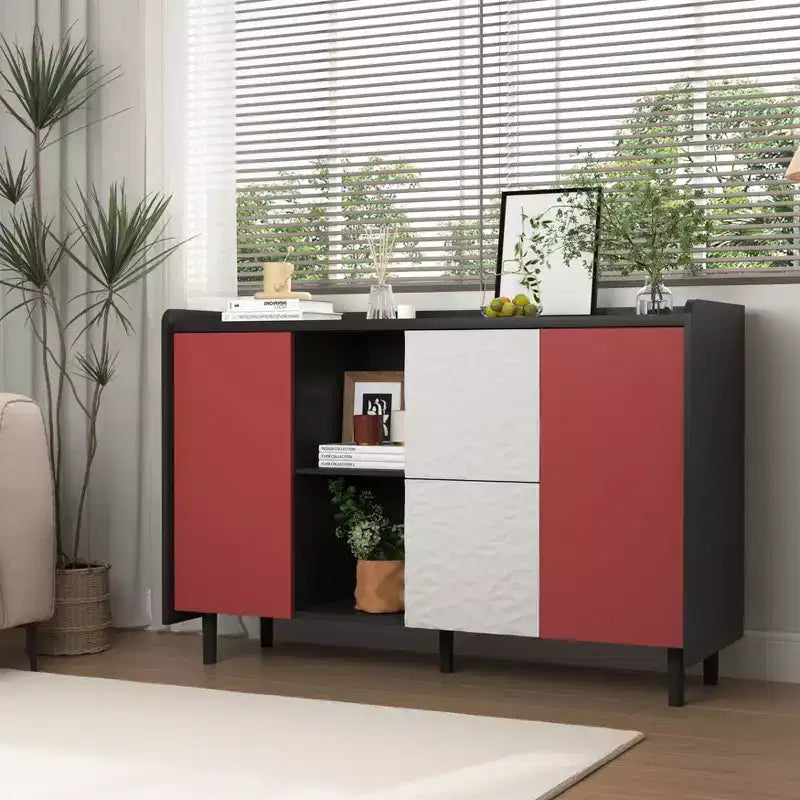 Sideboard Buffet Cabinet, Black Storage Cabinet with Red Doors , 2 Drawers with unique panel styling and 2 Open Storage Compartment