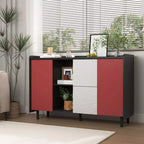 Sideboard Buffet Cabinet, Black Storage Cabinet with Red Doors , 2 Drawers with unique panel styling and 2 Open Storage Compartment