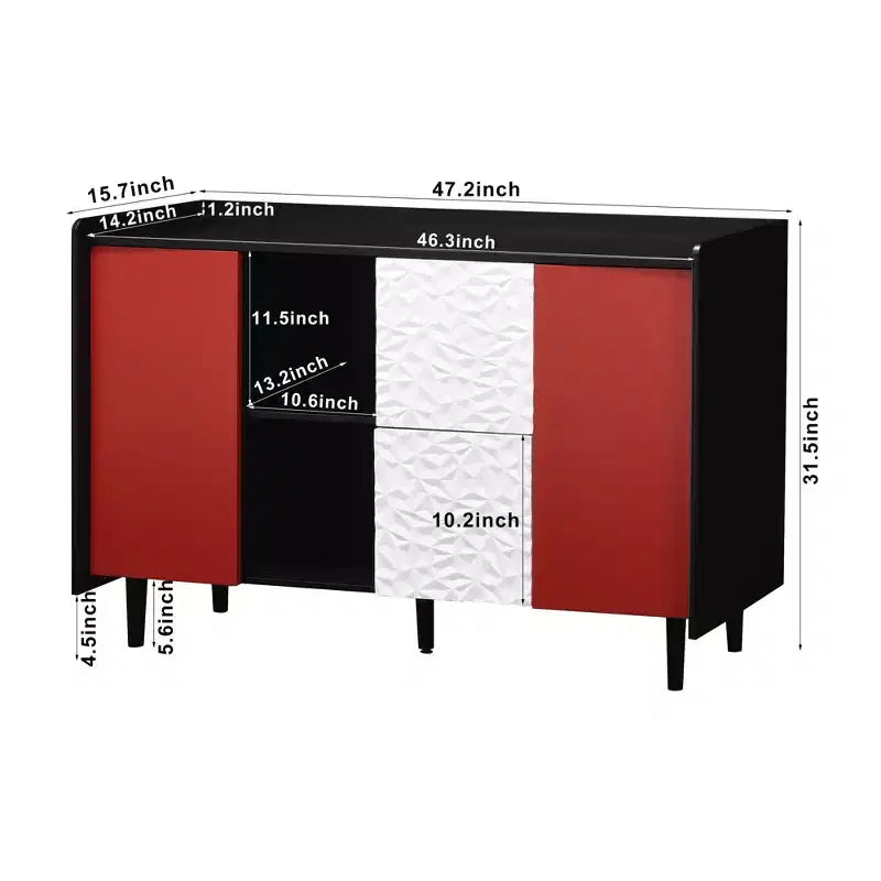 Sideboard Buffet Cabinet, Black Storage Cabinet with Red Doors , 2 Drawers with unique panel styling and 2 Open Storage Compartment