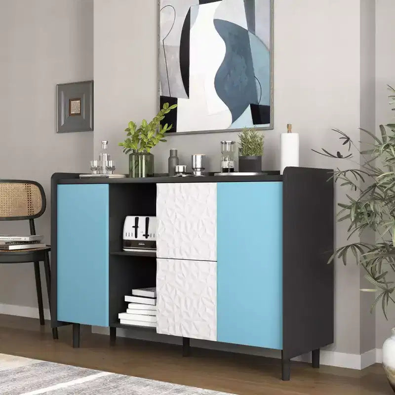 Sideboard Buffet Cabinet, Black Storage Cabinet with Red Doors , 2 Drawers with unique panel styling and 2 Open Storage Compartment