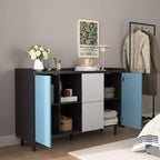 Sideboard Buffet Cabinet, Black Storage Cabinet with Red Doors , 2 Drawers with unique panel styling and 2 Open Storage Compartment