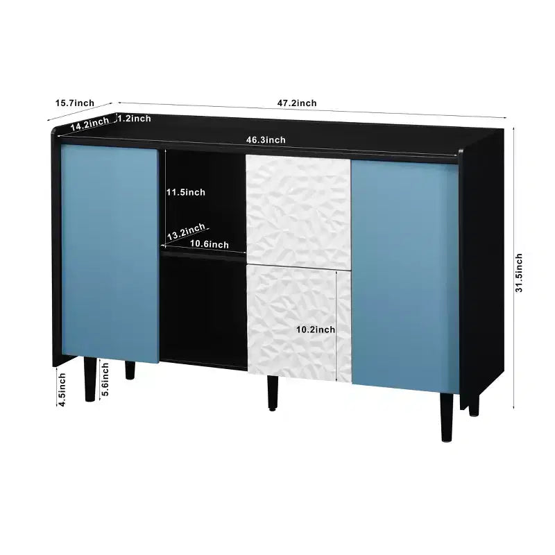 Sideboard Buffet Cabinet, Black Storage Cabinet with Red Doors , 2 Drawers with unique panel styling and 2 Open Storage Compartment