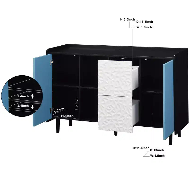 Sideboard Buffet Cabinet, Black Storage Cabinet with Red Doors , 2 Drawers with unique panel styling and 2 Open Storage Compartment