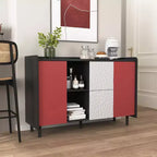 Sideboard Buffet Cabinet, Black Storage Cabinet with Red Doors , 2 Drawers with unique panel styling and 2 Open Storage Compartment